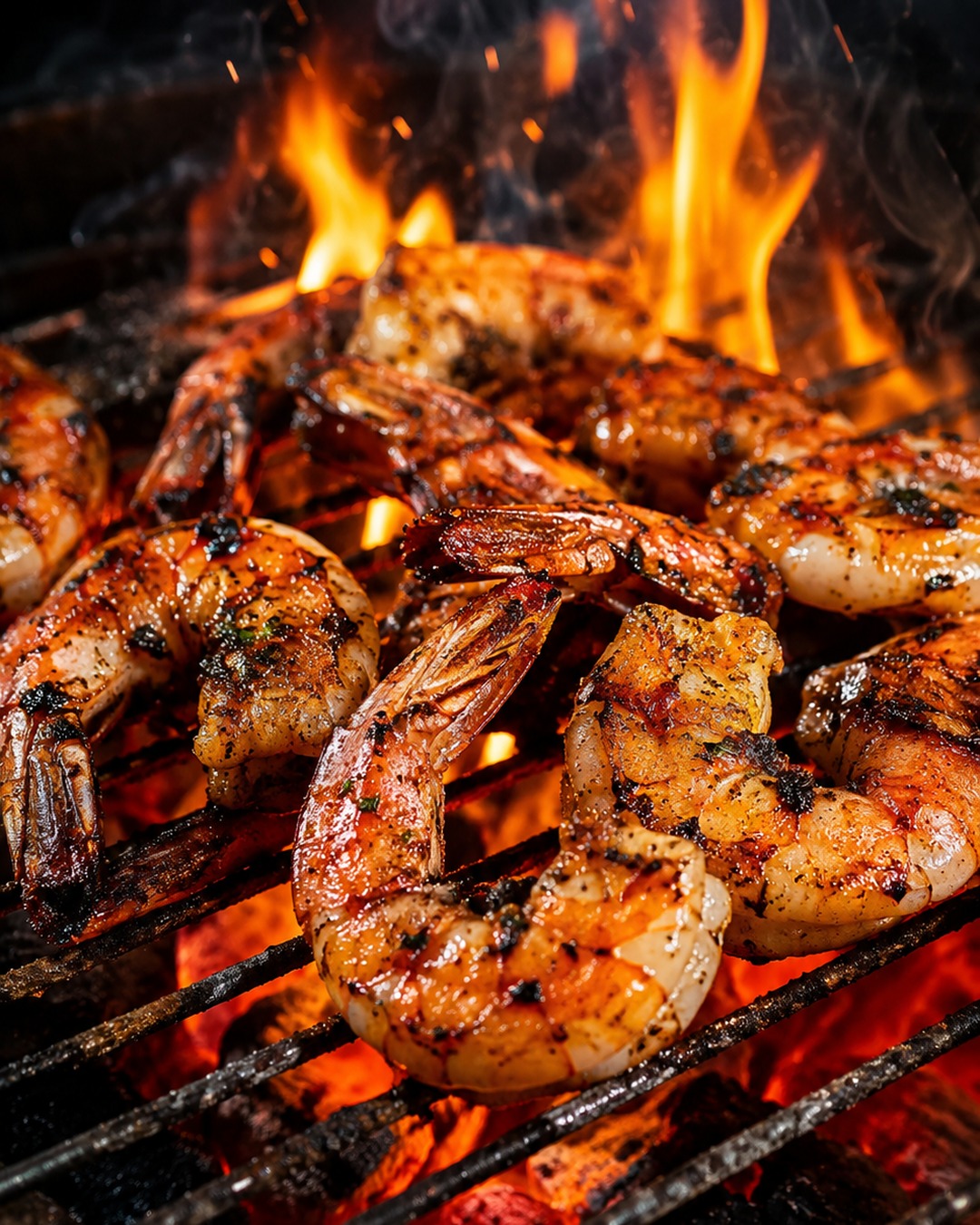 Flame-grilled shrimp with rich color and texture