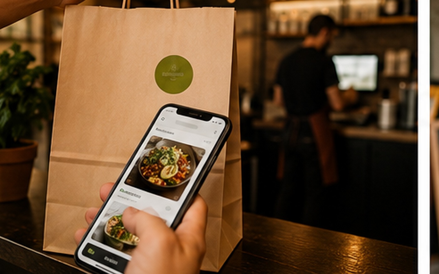Customer ordering food from a phone beside takeout packaging